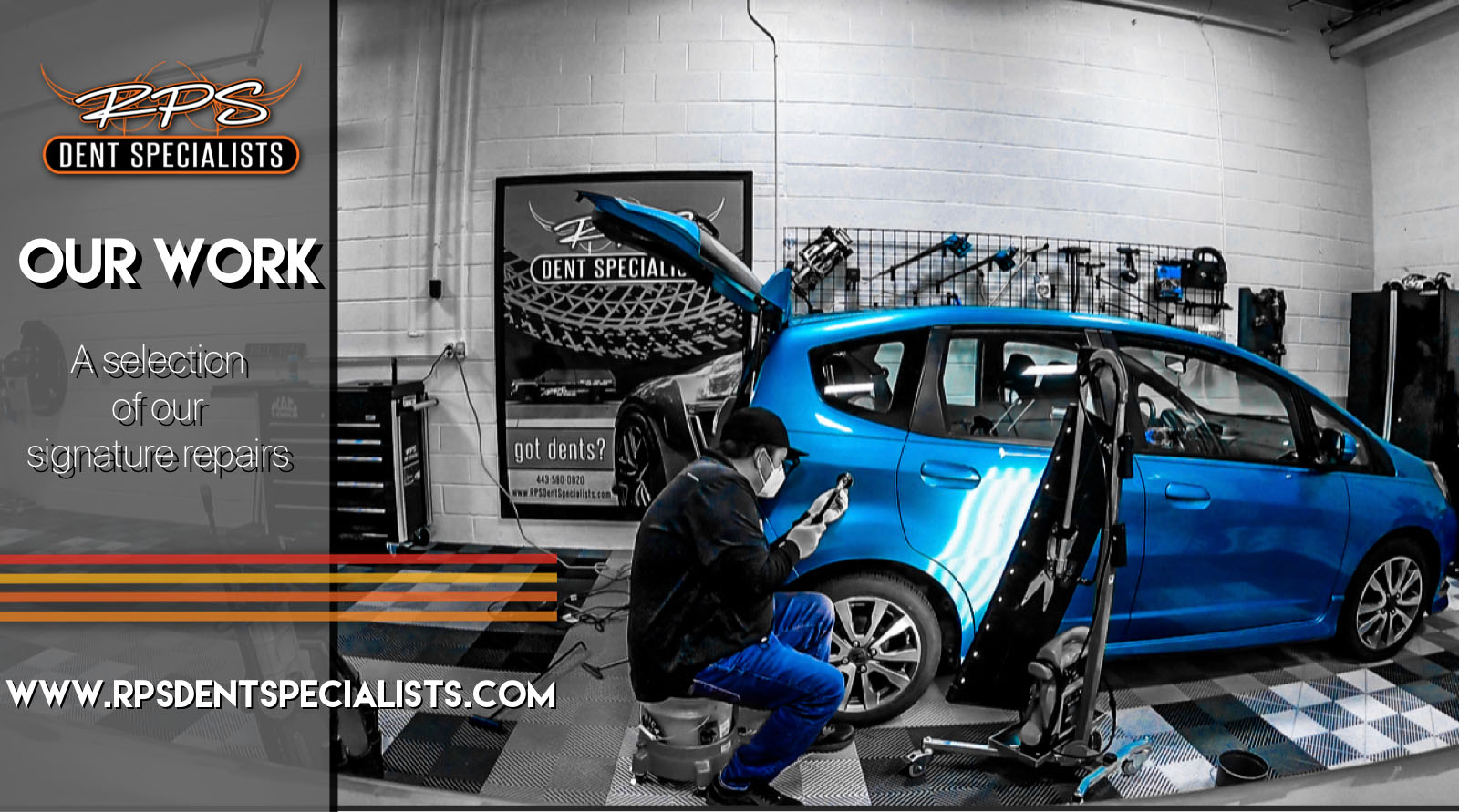Our work header image of a dent being fixed in a Honda Fit.